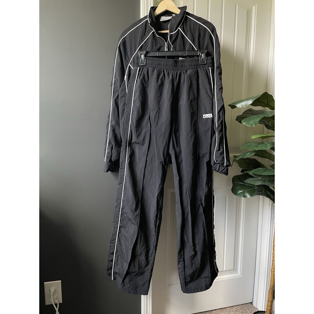 Rare: Cernucci Crinkle Nylon Tracksuit Set Black Piping Popper Wide Leg EUC S